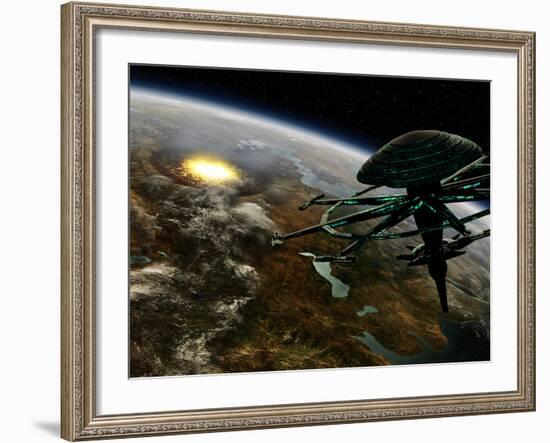 A Space Station Orbits a Terrestrial Planet That Has Been Hit by an Asteroid-Stocktrek Images-Framed Photographic Print