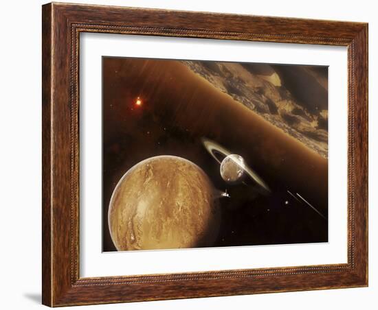 A Spacecraft Beams Through a Small Cluster of Planets Rich in Ores and Minerals-Stocktrek Images-Framed Photographic Print