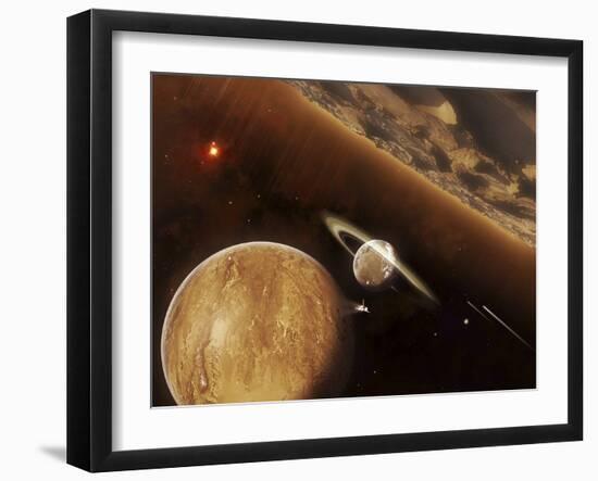 A Spacecraft Beams Through a Small Cluster of Planets Rich in Ores and Minerals-Stocktrek Images-Framed Photographic Print