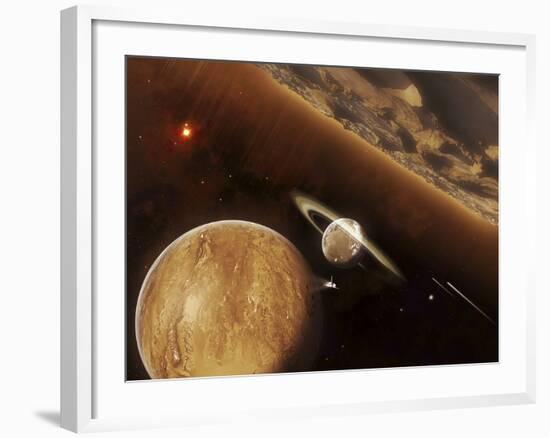 A Spacecraft Beams Through a Small Cluster of Planets Rich in Ores and Minerals-Stocktrek Images-Framed Photographic Print