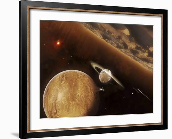 A Spacecraft Beams Through a Small Cluster of Planets Rich in Ores and Minerals-Stocktrek Images-Framed Photographic Print