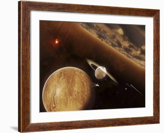 A Spacecraft Beams Through a Small Cluster of Planets Rich in Ores and Minerals-Stocktrek Images-Framed Photographic Print