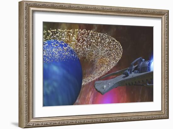 A Spacecraft Passes by a Blue Planet with a Ring of Asteroids-null-Framed Art Print