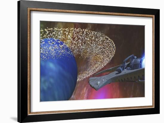 A Spacecraft Passes by a Blue Planet with a Ring of Asteroids-null-Framed Premium Giclee Print