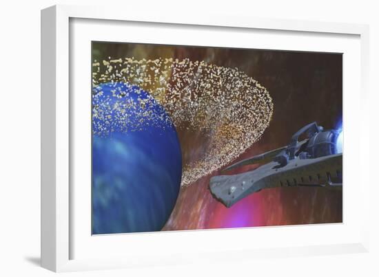 A Spacecraft Passes by a Blue Planet with a Ring of Asteroids-null-Framed Premium Giclee Print