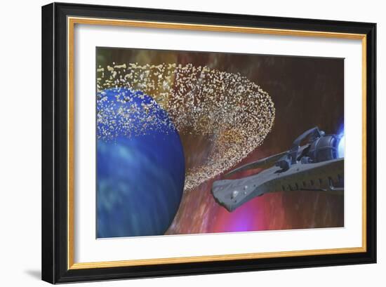 A Spacecraft Passes by a Blue Planet with a Ring of Asteroids-null-Framed Premium Giclee Print