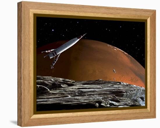 A Spaceship in Orbit over Mars Moon, Phobos, with the Red Planet Mars in the Background-null-Framed Premier Image Canvas