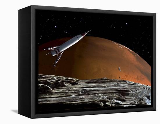 A Spaceship in Orbit over Mars Moon, Phobos, with the Red Planet Mars in the Background-null-Framed Premier Image Canvas