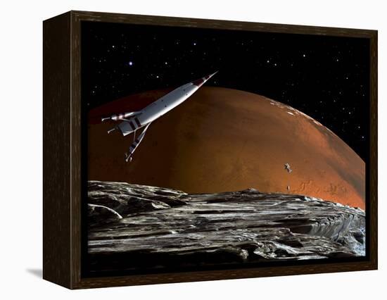 A Spaceship in Orbit over Mars Moon, Phobos, with the Red Planet Mars in the Background-null-Framed Premier Image Canvas