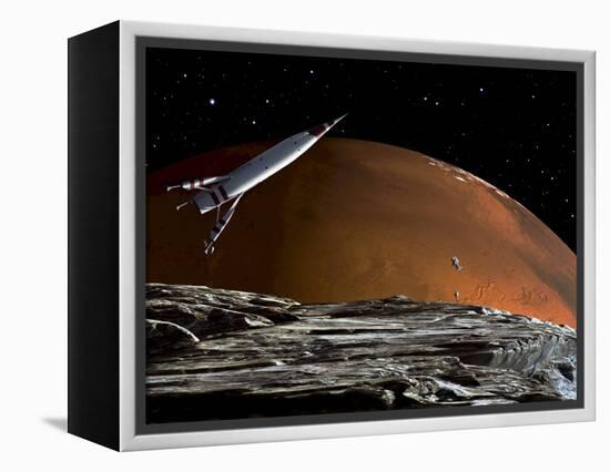 A Spaceship in Orbit over Mars Moon, Phobos, with the Red Planet Mars in the Background-null-Framed Premier Image Canvas