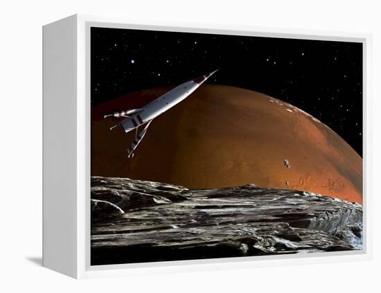 A Spaceship in Orbit over Mars Moon, Phobos, with the Red Planet Mars in the Background-null-Framed Premier Image Canvas