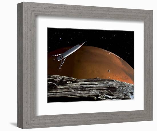 A Spaceship in Orbit over Mars Moon, Phobos, with the Red Planet Mars in the Background-null-Framed Photographic Print