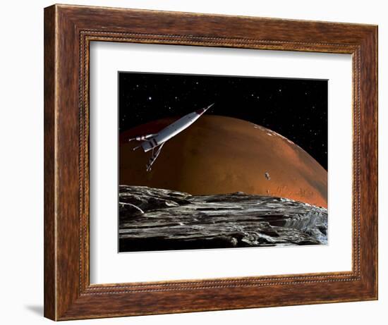 A Spaceship in Orbit over Mars Moon, Phobos, with the Red Planet Mars in the Background-null-Framed Photographic Print