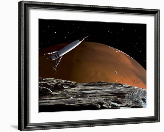 A Spaceship in Orbit over Mars Moon, Phobos, with the Red Planet Mars in the Background-null-Framed Photographic Print