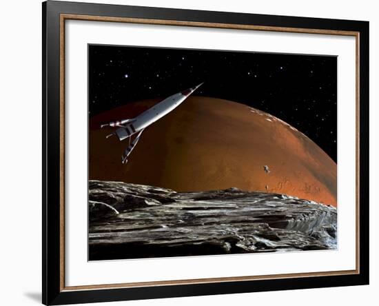 A Spaceship in Orbit over Mars Moon, Phobos, with the Red Planet Mars in the Background-null-Framed Photographic Print