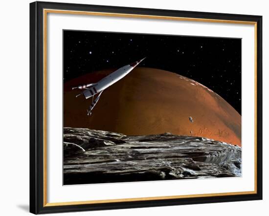 A Spaceship in Orbit over Mars Moon, Phobos, with the Red Planet Mars in the Background-null-Framed Photographic Print