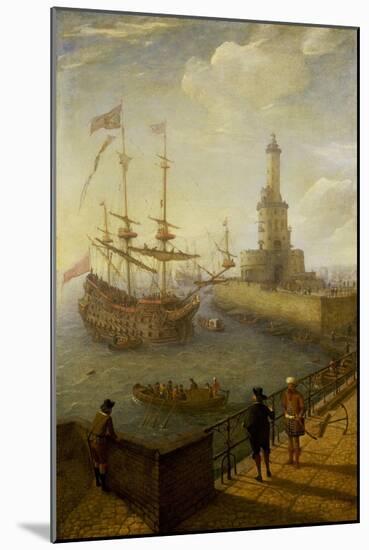 A Spanish Three-Masted Ship Anchored off the Coast of Naples (Italy), Seen from a Paved Pier in The-Abraham Willaerts-Mounted Giclee Print