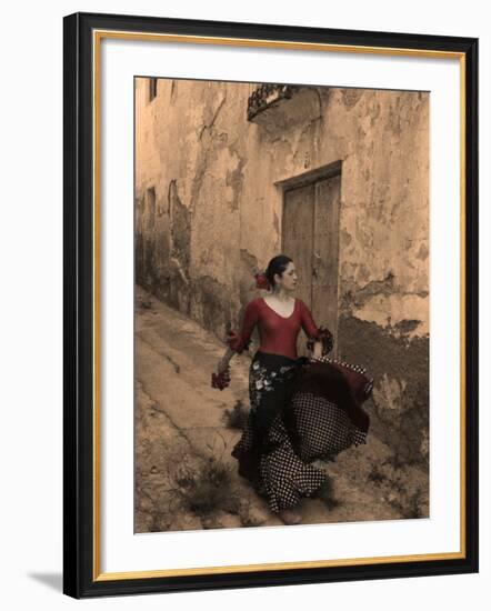 A Spanish Woman Walking Along a Traditional Spanish Street Wearing a Flamenco Style Dress-Steven Boone-Framed Photographic Print