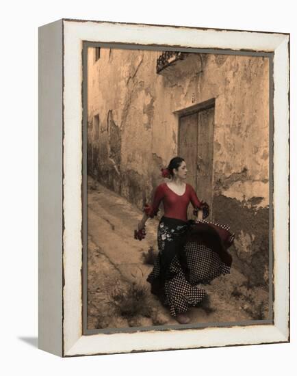 A Spanish Woman Walking Along a Traditional Spanish Street Wearing a Flamenco Style Dress-Steven Boone-Framed Premier Image Canvas