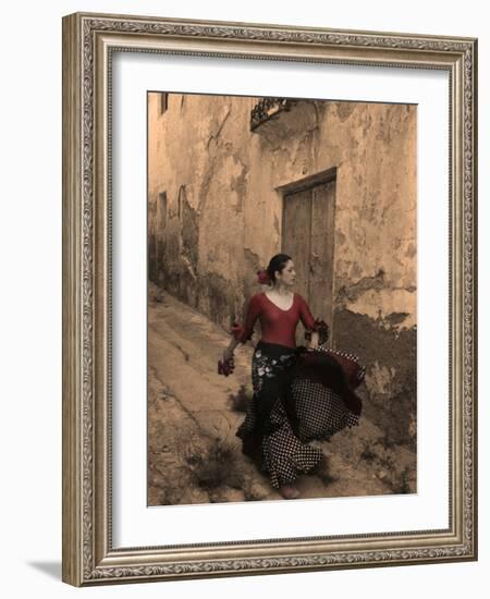 A Spanish Woman Walking Along a Traditional Spanish Street Wearing a Flamenco Style Dress-Steven Boone-Framed Photographic Print