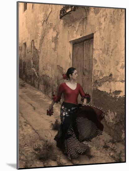 A Spanish Woman Walking Along a Traditional Spanish Street Wearing a Flamenco Style Dress-Steven Boone-Mounted Photographic Print