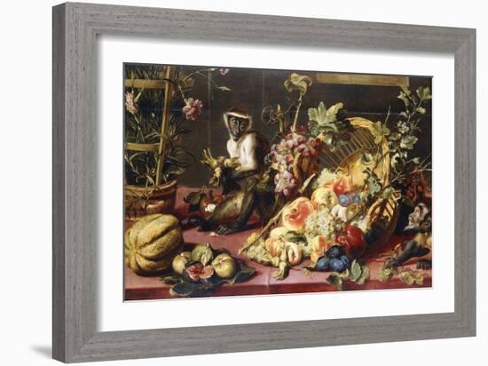 A Spilled Basket of Fruits on a Draped Table with Monkeys-Frans Snyders-Framed Giclee Print