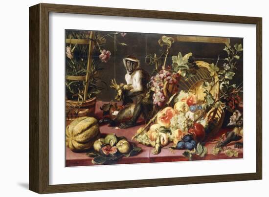 A Spilled Basket of Fruits on a Draped Table with Monkeys-Frans Snyders-Framed Giclee Print