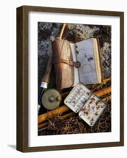 A Split-Cane Fly Rod and Traditional Fly-Fishing Equipment Beside a Trout Lake in North Wales, UK-John Warburton-lee-Framed Photographic Print