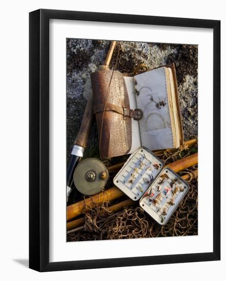 A Split-Cane Fly Rod and Traditional Fly-Fishing Equipment Beside a Trout Lake in North Wales, UK-John Warburton-lee-Framed Photographic Print