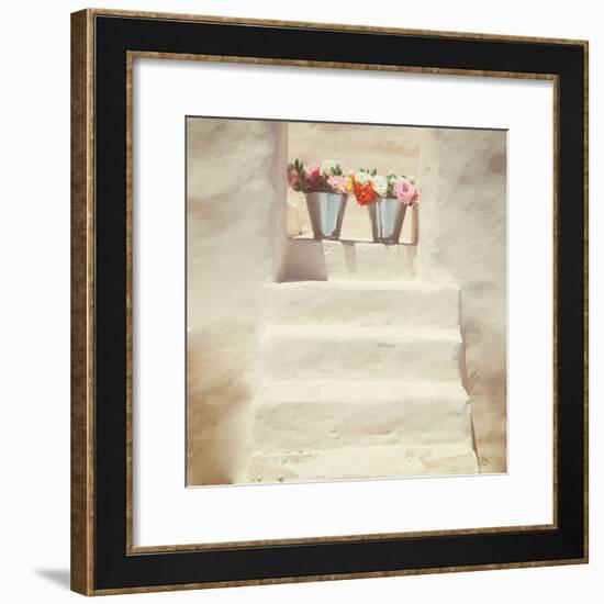 A Staircase of a Greek, White House with Two Bunches of Flowers-Joana Kruse-Framed Photographic Print