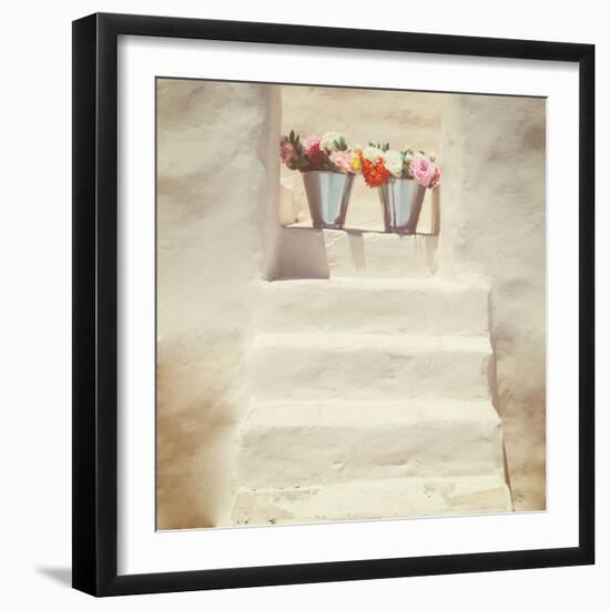 A Staircase of a Greek, White House with Two Bunches of Flowers-Joana Kruse-Framed Photographic Print