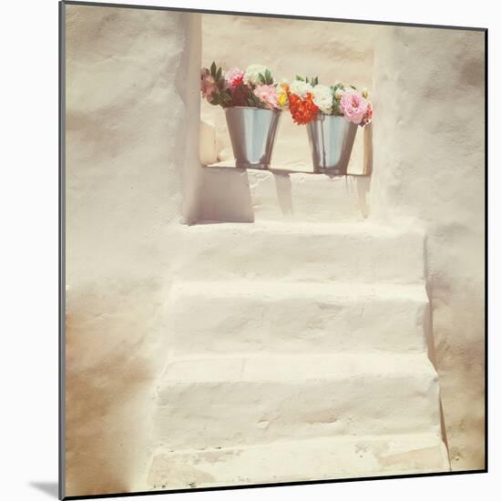 A Staircase of a Greek, White House with Two Bunches of Flowers-Joana Kruse-Mounted Photographic Print