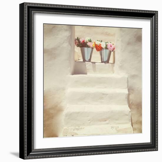 A Staircase of a Greek, White House with Two Bunches of Flowers-Joana Kruse-Framed Photographic Print