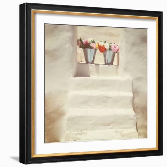 A Staircase of a Greek, White House with Two Bunches of Flowers-Joana Kruse-Framed Photographic Print