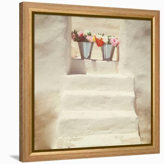 A Staircase of a Greek, White House with Two Bunches of Flowers-Joana Kruse-Framed Premier Image Canvas