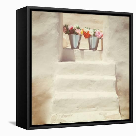 A Staircase of a Greek, White House with Two Bunches of Flowers-Joana Kruse-Framed Premier Image Canvas