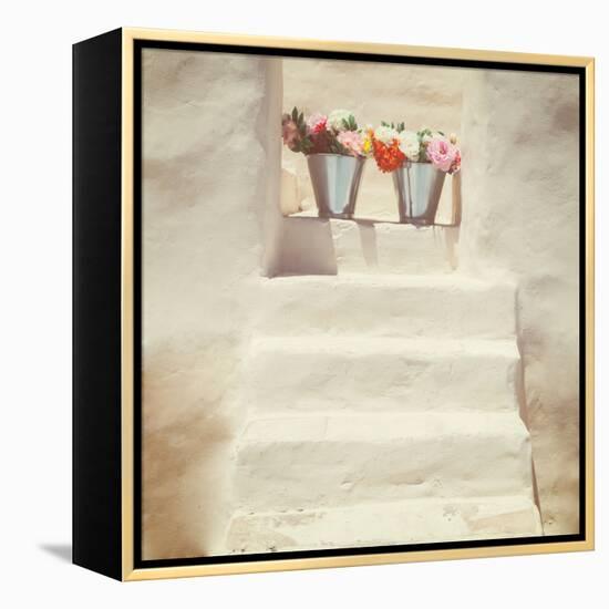A Staircase of a Greek, White House with Two Bunches of Flowers-Joana Kruse-Framed Premier Image Canvas