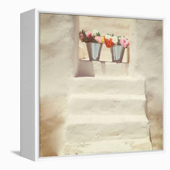 A Staircase of a Greek, White House with Two Bunches of Flowers-Joana Kruse-Framed Premier Image Canvas