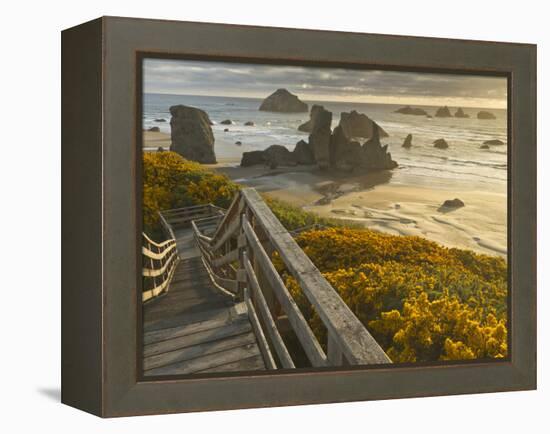 A Stairway Leads to the Beach in Bandon, Oregon, USA-William Sutton-Framed Premier Image Canvas