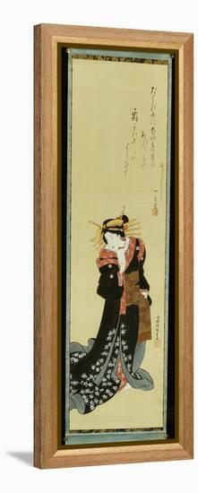 A Standing Courtesan in a Black Kimono with White Flowerheads Holding a Wad of Paper-Utagawa Kunisada-Framed Premier Image Canvas