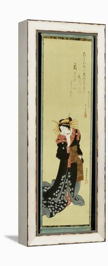 A Standing Courtesan in a Black Kimono with White Flowerheads Holding a Wad of Paper-Utagawa Kunisada-Framed Premier Image Canvas