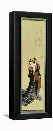 A Standing Courtesan in a Black Kimono with White Flowerheads Holding a Wad of Paper-Utagawa Kunisada-Framed Premier Image Canvas