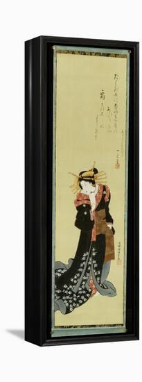 A Standing Courtesan in a Black Kimono with White Flowerheads Holding a Wad of Paper-Utagawa Kunisada-Framed Premier Image Canvas