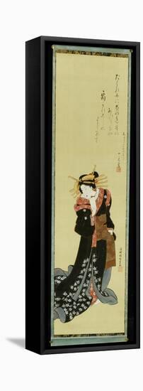 A Standing Courtesan in a Black Kimono with White Flowerheads Holding a Wad of Paper-Utagawa Kunisada-Framed Premier Image Canvas