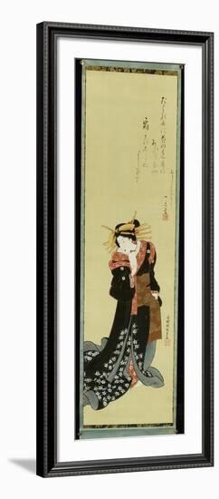 A Standing Courtesan in a Black Kimono with White Flowerheads Holding a Wad of Paper-Utagawa Kunisada-Framed Giclee Print