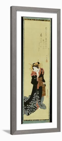 A Standing Courtesan in a Black Kimono with White Flowerheads Holding a Wad of Paper-Utagawa Kunisada-Framed Giclee Print