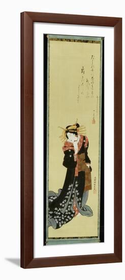 A Standing Courtesan in a Black Kimono with White Flowerheads Holding a Wad of Paper-Utagawa Kunisada-Framed Giclee Print