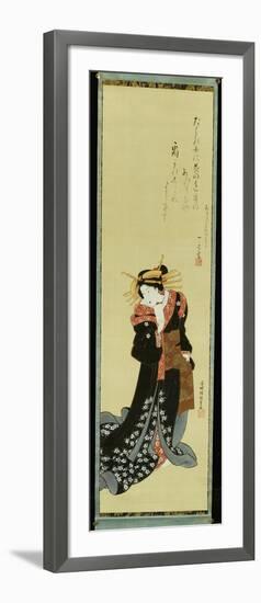 A Standing Courtesan in a Black Kimono with White Flowerheads Holding a Wad of Paper-Utagawa Kunisada-Framed Giclee Print
