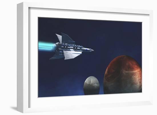 A Starship from Earth Travels to a Red Planet-null-Framed Art Print