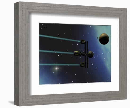 A Starship from Earth with Ion Drive Propulsion Explores the Cosmos-null-Framed Art Print